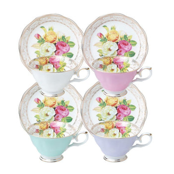 4 Assorted Colors Rose Bouquet Regular Size Teacup Saucer, Set of 4.