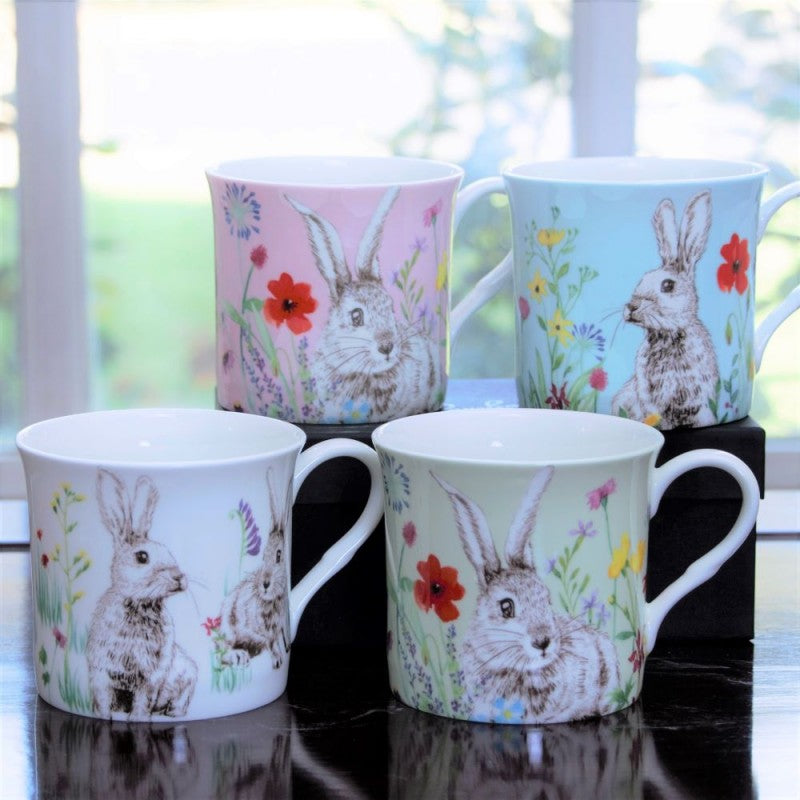 4 Asst Pastel color Bunny Bone China Mugs, Set of 4
