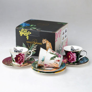 4 asst Forest Friends Coffee cup Saucer, Set of 4. Gift Boxed