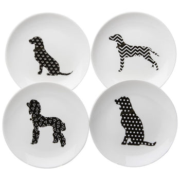 4 asst Gold Collar Black Dogs Appetize Plates, Set of 4