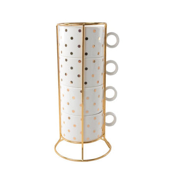 5 Piece Tower Coffee Mugs. Gold Polka Dots