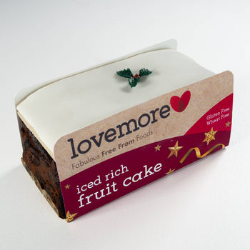 Lovemore Iced Rich Fruit Cake topped with Marzipan and Icing - Gluten Free. 330g.