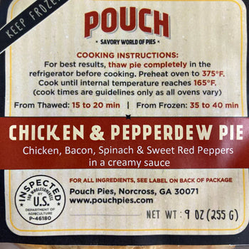 Pouch Pies Chicken and Pepperdew Pie with Bacon and Spinach 9oz - Ship Weight 1/2lb