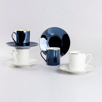 Black White Luster Gold Espresso Cups and Saucers, Set of 4 Boxed