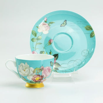 Blue Butterfly Rose Bone China Demi Coffee Cups and Saucers, Set of 4