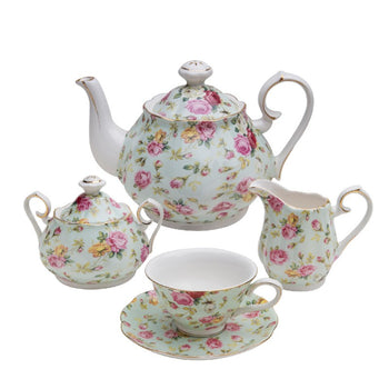 Blue Cottage Rose Chintz 11 Piece Teaset