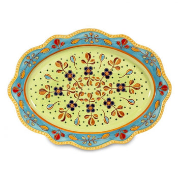 Blue Green Floral Hand Painted/Crafted 13.5-in Oval Platter, Set of 2