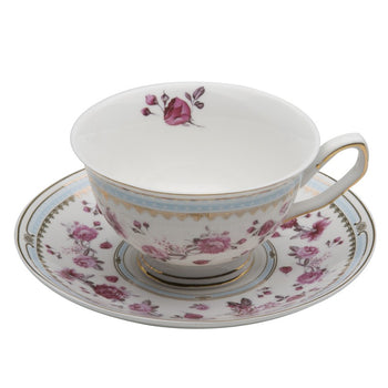 Blue Rose/Blue Tea Cups with Saucers, Set of 4