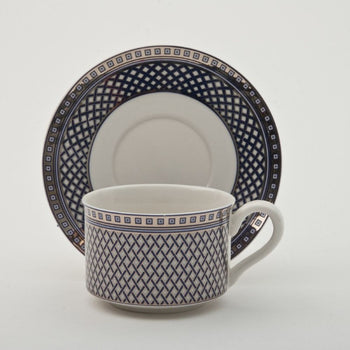 Blue Silver Geo Coffee Cups and Saucers, Set of 4