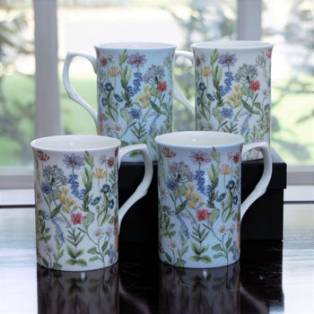 Blue and White Forest Bunny Bone China Can Mugs, Set of 4