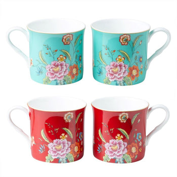 Blue and red Peony Bloom Bone China Princess Mugs, Set of 4