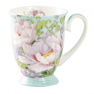 Bone China Peony Bloom Blue Footed Mug, Set of 4