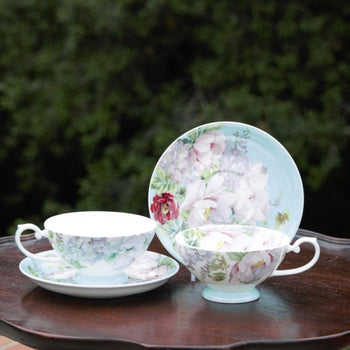 Bone China Peony Bloom Blue Tea/coffee Cups and Saucers, Set of 4