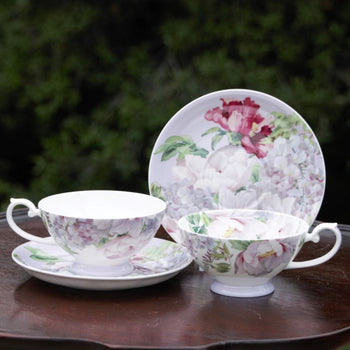 Bone China Peony Bloom Purple Tea/coffee Cups and Saucers, Set of 4