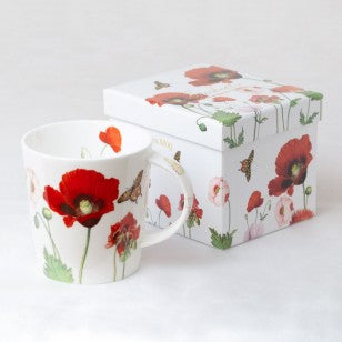 Bone China Poppy Butterfly Coffee Mugs, Gift Boxed, Set of 2