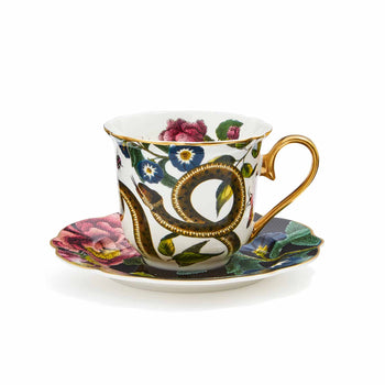Spode Creatures of Curiosity Dark Floral Teacup and Saucer (Snake/Black)