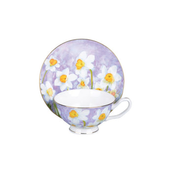 Daffodil w/Pastel Purple Bone China Tea Cups and Saucers, Set of 4