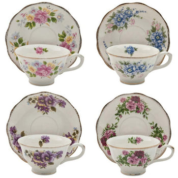 4 Assorted Vintage Floral Patterns Tea Cup Saucer, Set of 4