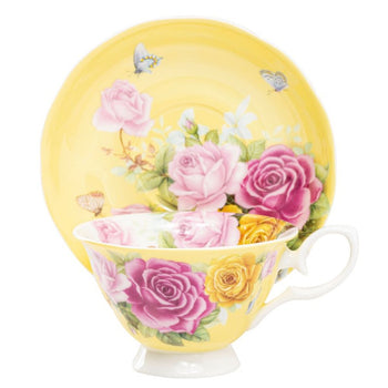 Floral Bouquet Yellow Cups with Saucers, Set of 4