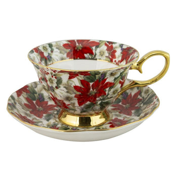 Gold Poinsettia Chintz Bone China Cups with Saucers Single Set