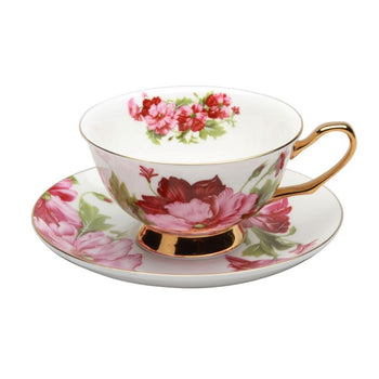 Gold Red Flower Cups and Saucers, Set of 4