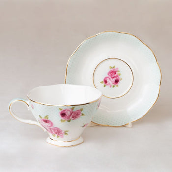 Gold Trim Bone China Cup Saucer, Pink Rose/Blue Dots. Set of 4