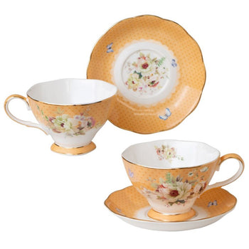 Gold Trim Bone China Cup Saucer, Yellow Royal Gold Floral. Set of 4