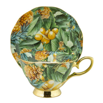 Gold Tropical Pine Corn Bone China Cups with Saucers Single Set