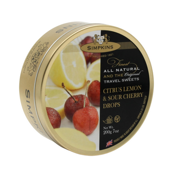 Simpkins Travel Sweets Tin. Citrus Lemon & Sour Cherry 200g/7oz.