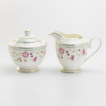 Green Rim Pink Corn Flower Sugar Creamer Set