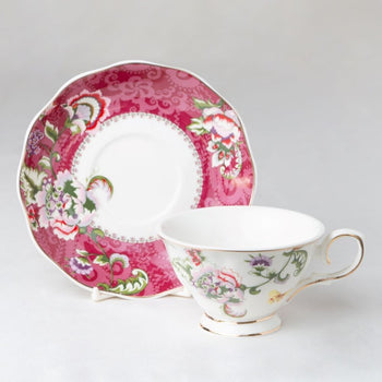 Hot Pink Fan Floral Teacup Saucer, Set of 4