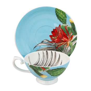 Palm Blue Cups with Saucers, Set of 4