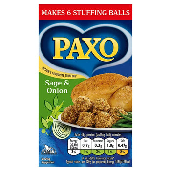 Paxo Traditional Sage and Onion Stuffing. 85g/3oz. Serves 4-5 people.