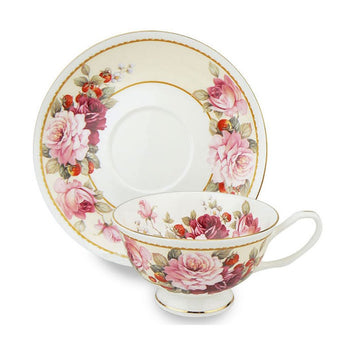 Peony/Strawberry Cream Tea Cups and Saucers Set, Set of 4