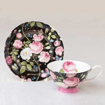 Pink Climb Rose Black Bone China Teacup and Saucer, Set of 4