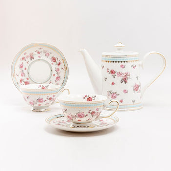 Pink Rose Blue 5 Piece Tea Set. Blue Color Boxed