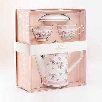 Pink Rose Pink 5 Piece Tea Set. Pink Color Boxed