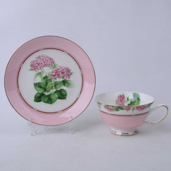 Pink Yellow Hydrangea Cups and Saucers, Set of 4