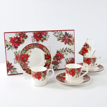 Poinsettia Demi Cups and Saucers, S/4 Gift Boxed