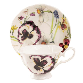 Purple Pansy Bone China Teacups and Saucers, Set of 4