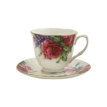 Red Color English Rose Cup/Saucer, Set of 4