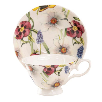 Red Pansy Bone China Teacups and Saucers, Set of 4