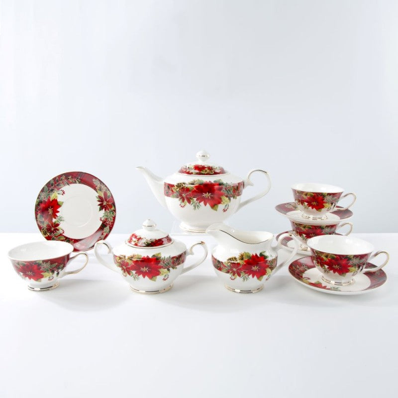 Red Poinsettia 11 Piece Tea Set