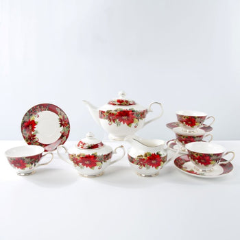 Red Poinsettia 11 Piece Tea Set