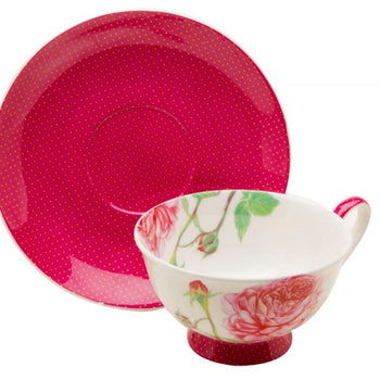 Red Rose/Dots Tea Cup and Saucer, Set of 4