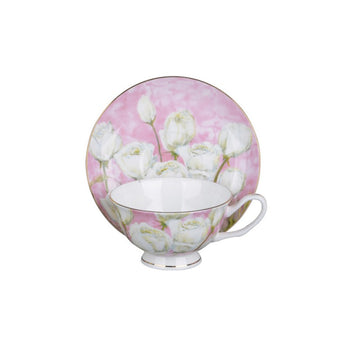 Rose w/Pastel Pink Bone China Tea Cups and Saucers, Set of 4