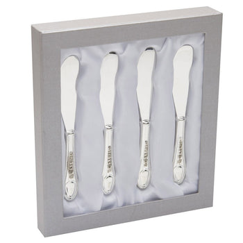 Silverplate Butter Knives With Antique Rose Handle, Set of 4, Boxed