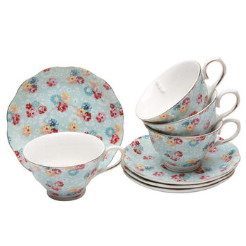 Shabby Rose Blue Tea Cups and Saucers, Set of 4