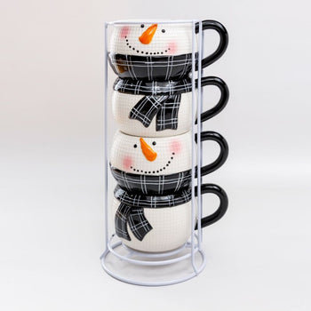 Stacked Black Snowman Ceramic Tower Mugs. 5 Piece Set
