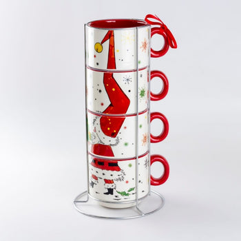 Stacked Red Elf Ceramic Tower Mugs. 5 Piece Set